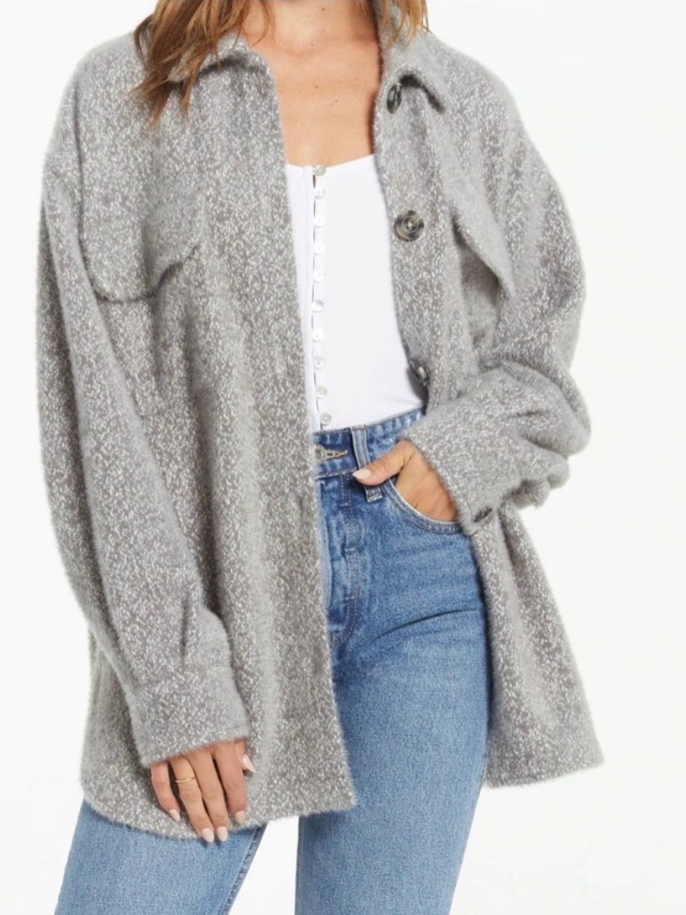 Z Supply Tucker Jacket Heather Gray Oversized Shacket Sweater Size Large